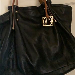 Genuine Leather Black and Beige Shoulder Bag
